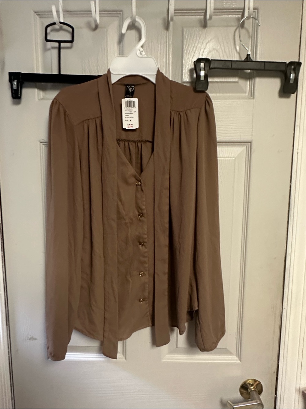 Windsor Taupe Tie-Neck Long Sleeve Blouse